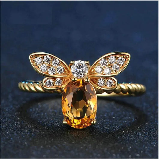Natural Yellow Crystal Bee Ring, 925 Silver Adjustable