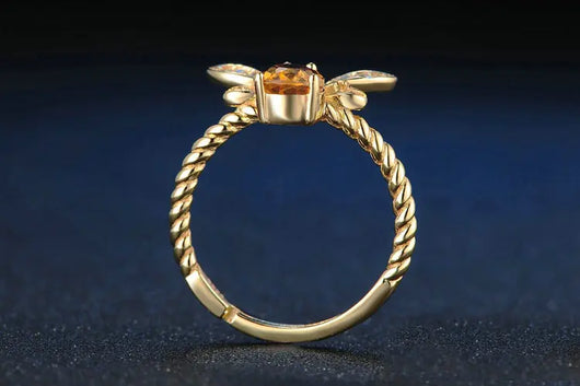 Natural Yellow Crystal Bee Ring, 925 Silver Adjustable