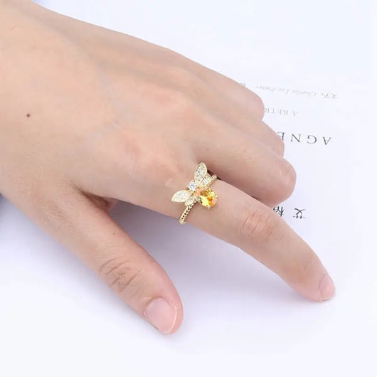 Natural Yellow Crystal Bee Ring, 925 Silver Adjustable