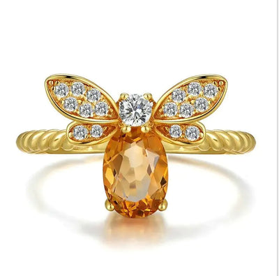 Natural Yellow Crystal Bee Ring, 925 Silver Adjustable