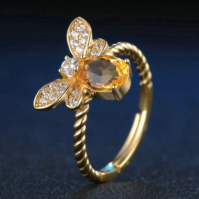 Natural Yellow Crystal Bee Ring, 925 Silver Adjustable