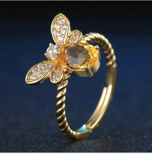 Natural Yellow Crystal Bee Ring, 925 Silver Adjustable