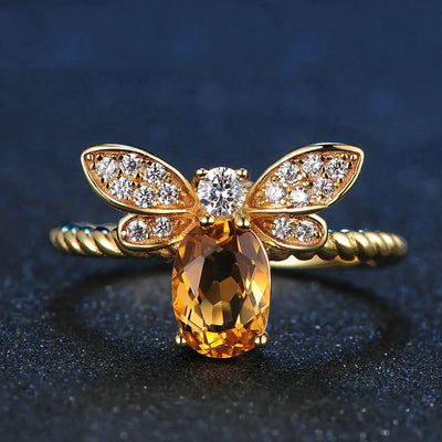 Natural Yellow Crystal Bee Ring, 925 Silver Adjustable