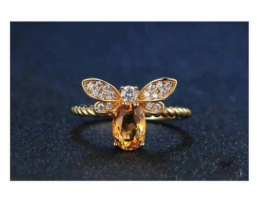 Natural Yellow Crystal Bee Ring, 925 Silver Adjustable