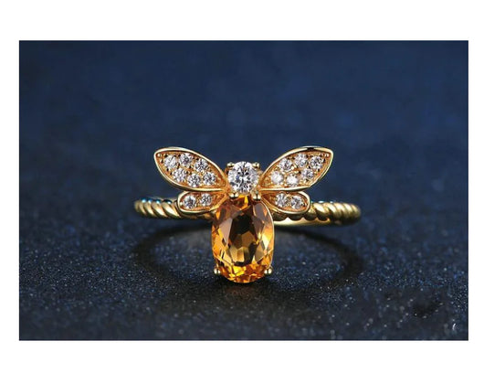 Natural Yellow Crystal Bee Ring, 925 Silver Adjustable